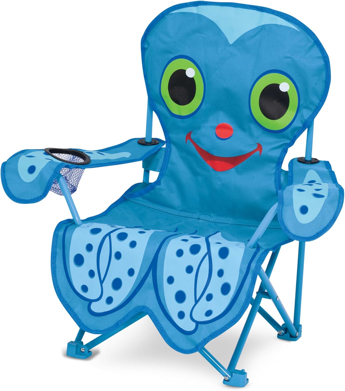 Child sitting in the blue octopus folding beach chair on a sunny beach