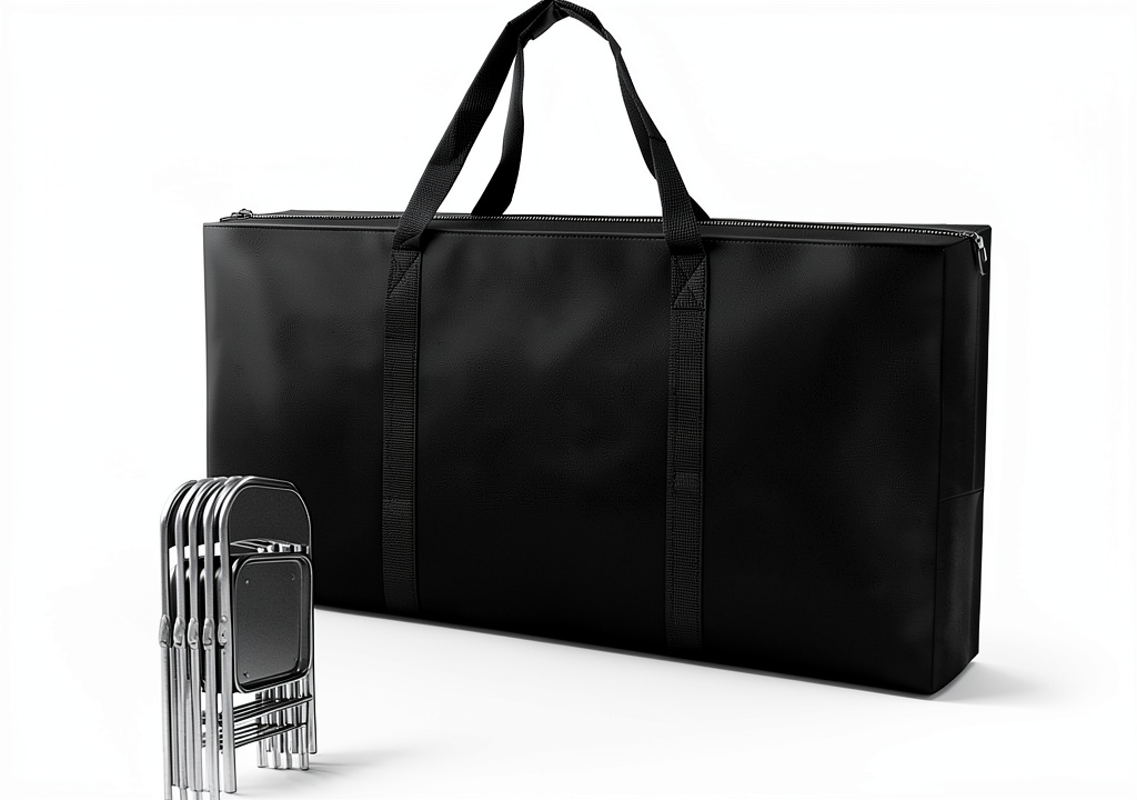 Folding chair bag being placed in a garage shelf