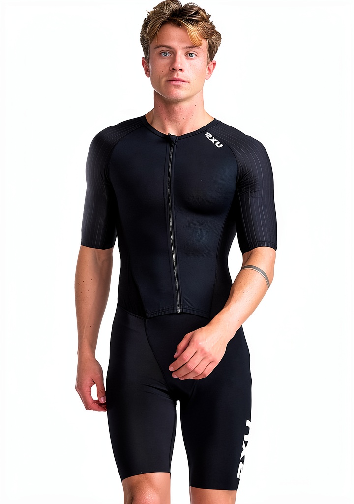 2XU Mens Triathlon Skinsuit Aerodynamics laid out on a bike rack, showing seam‑free sleeves and PWX fabric texture