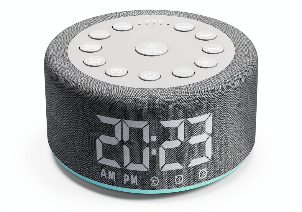 Hushing white noise machine on a bedside table with night light colors