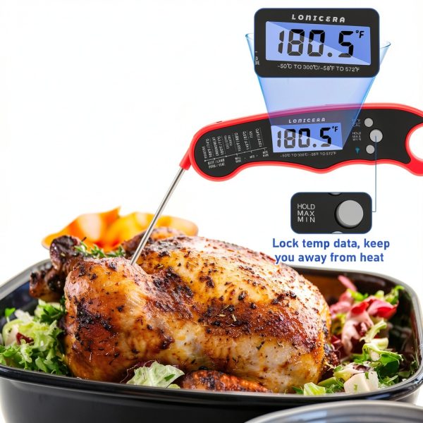Lonicera Meat Thermometer Waterproof Instant‑Read Foldable Probe Red-2